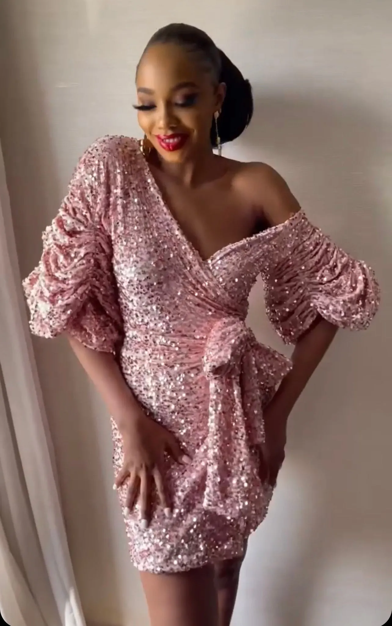 Matopeda Atelier Sharon Pink Sequin Wrap Mini Dress