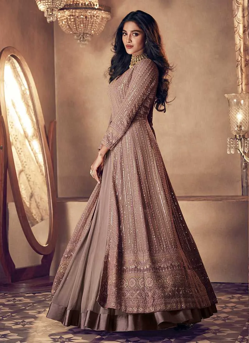 Mauve and Gold Heavy Embroidered Kalidar Gown Style Anarkali