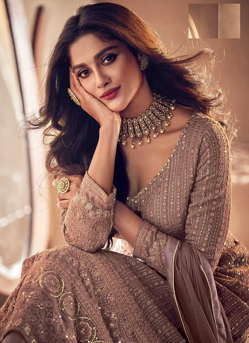 Mauve and Gold Heavy Embroidered Kalidar Gown Style Anarkali