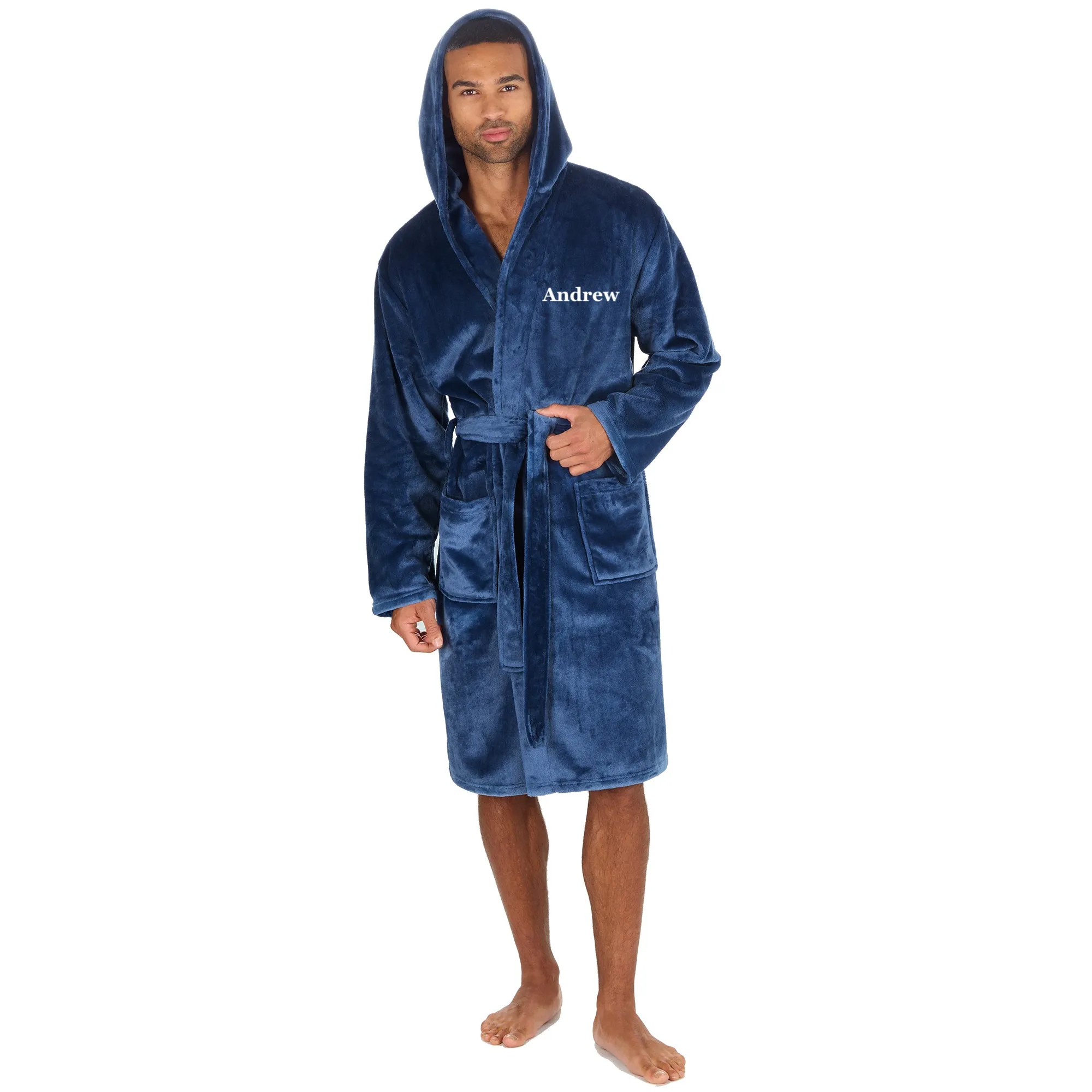 Mens personalised hooded plush dressing gown Denim Blue