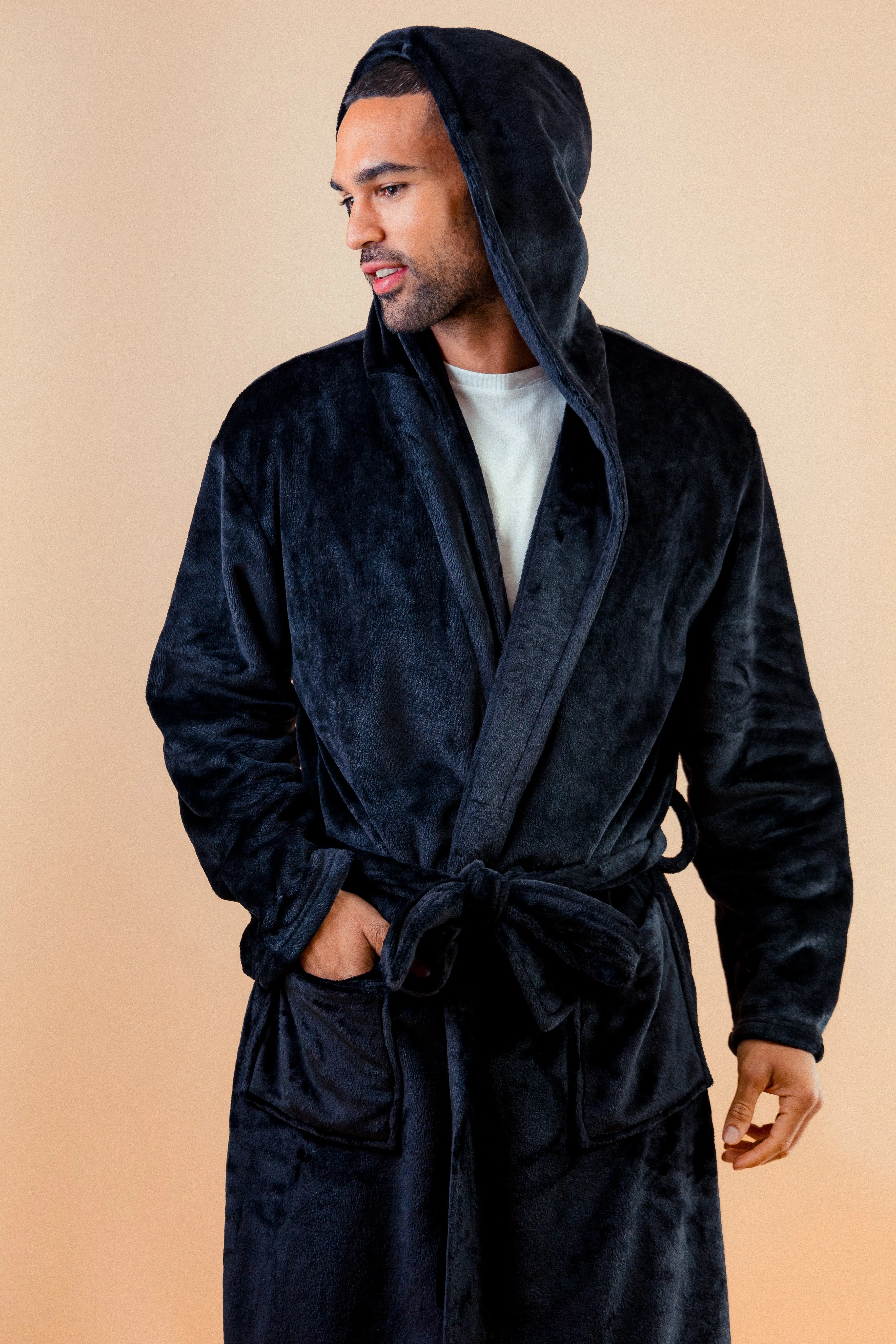 Mens personalised hooded plush dressing gown Denim Blue