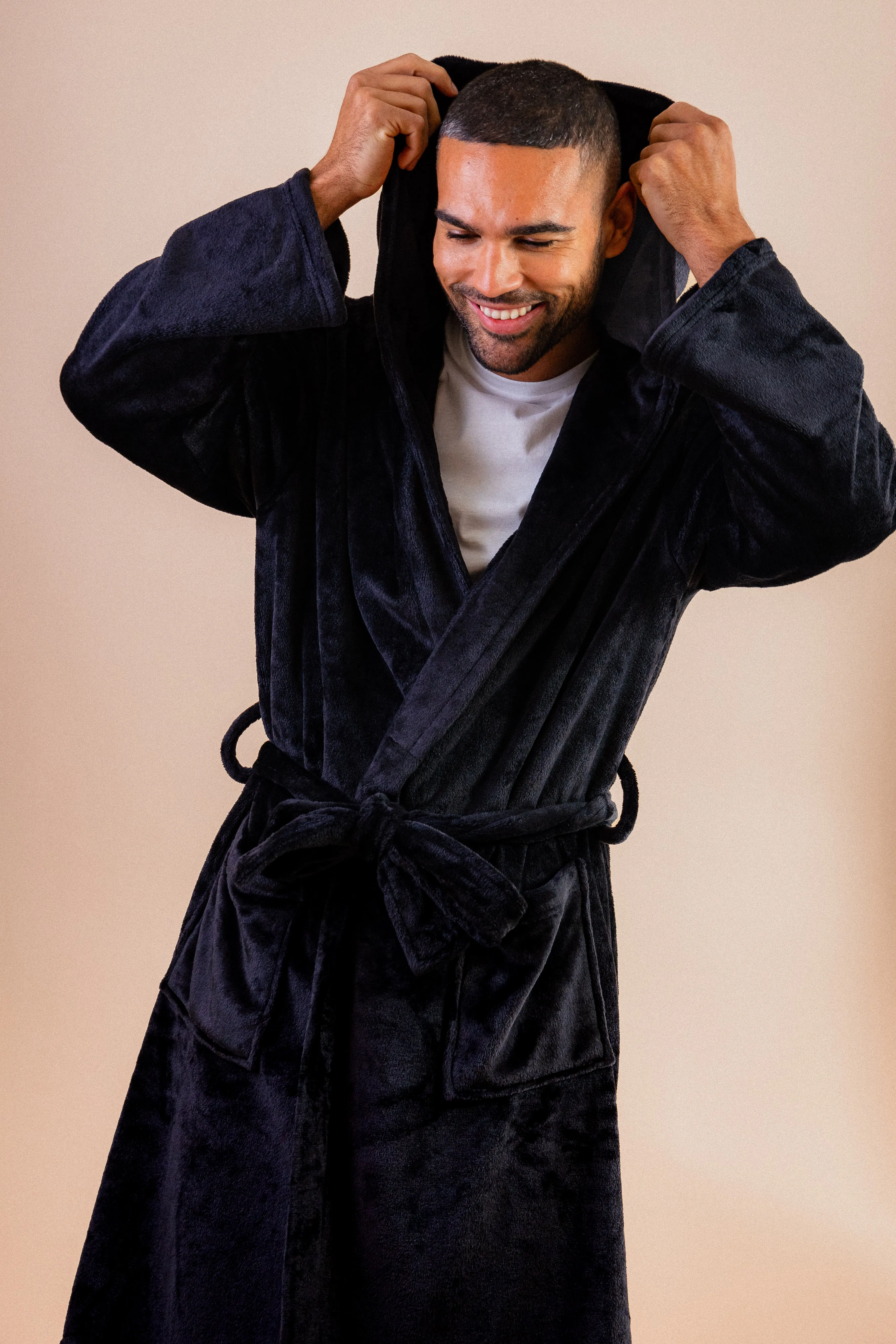 Mens personalised hooded plush dressing gown Denim Blue