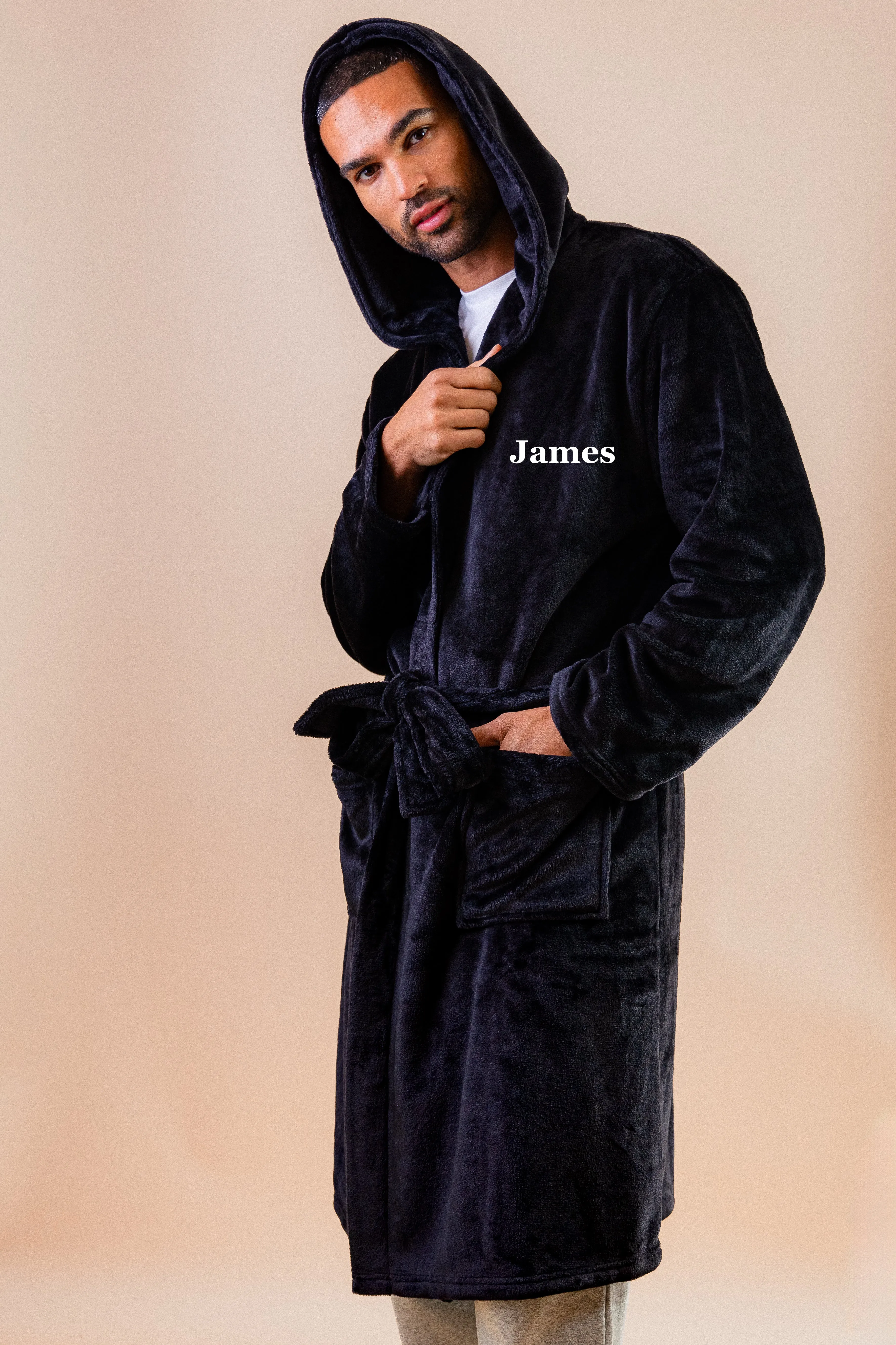 Mens personalised hooded plush dressing gown Denim Blue
