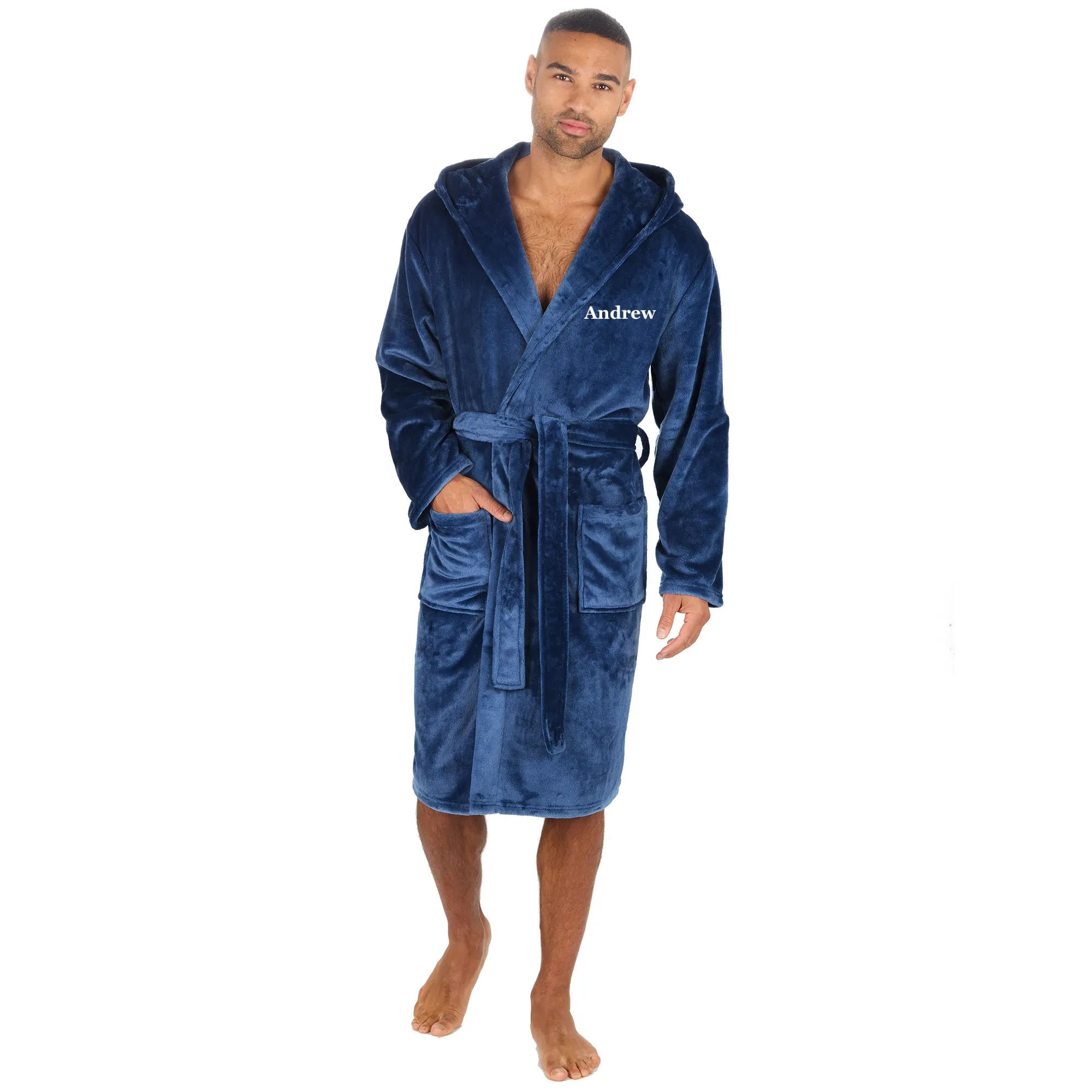 Mens personalised hooded plush dressing gown Denim Blue