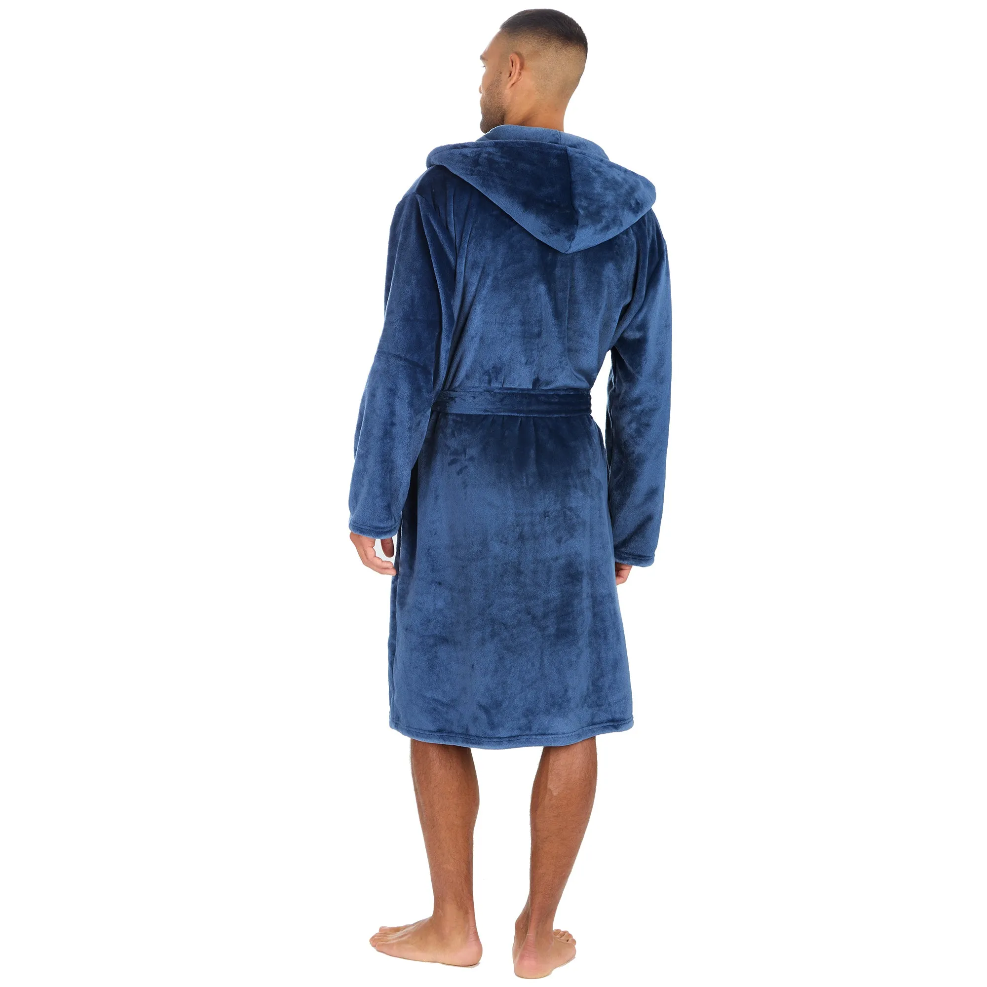 Mens personalised hooded plush dressing gown Denim Blue