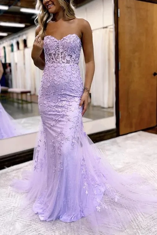 Mermaid Sweetheart Lace Appliques Tulle Prom Dress