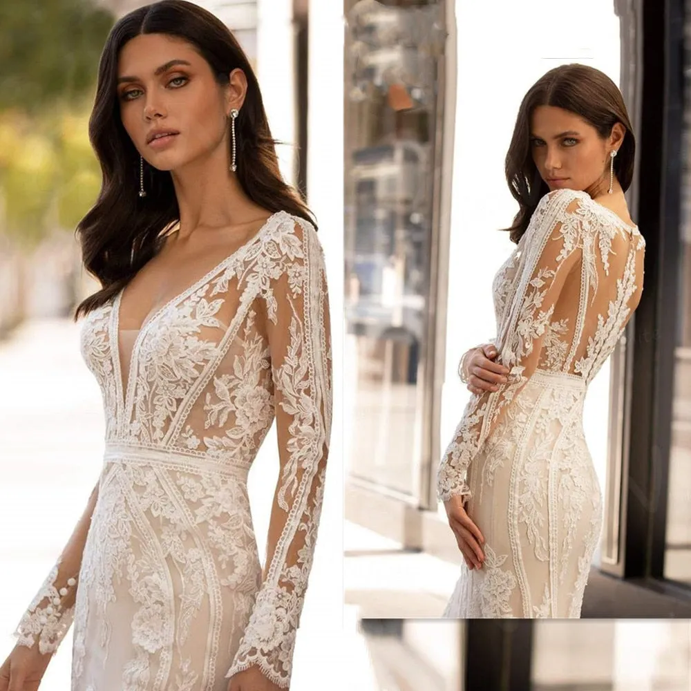 Mermaid Wedding Dress Long Sleeve V-Neck Illusion Back Bridal Gown