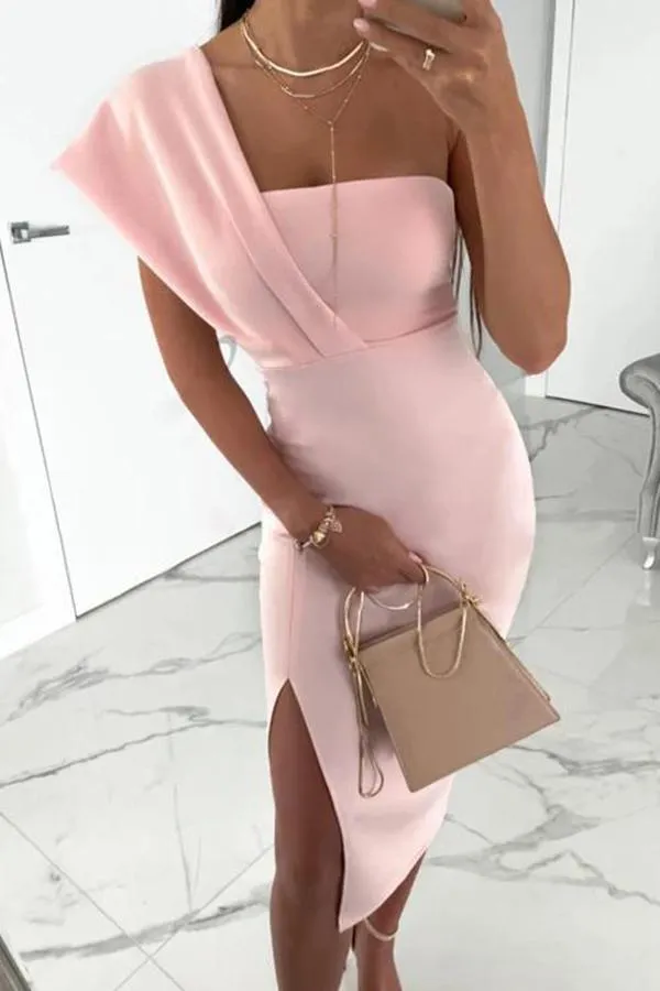 Midnight Star Belt Slit One Shoulder Dress