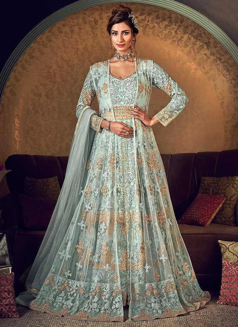 Mint Green Heavy Embroidered Jacket Style Anarkali Suit