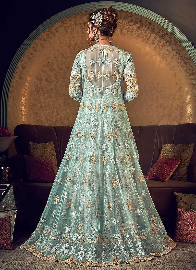 Mint Green Heavy Embroidered Jacket Style Anarkali Suit