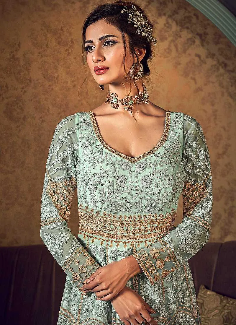 Mint Green Heavy Embroidered Jacket Style Anarkali Suit