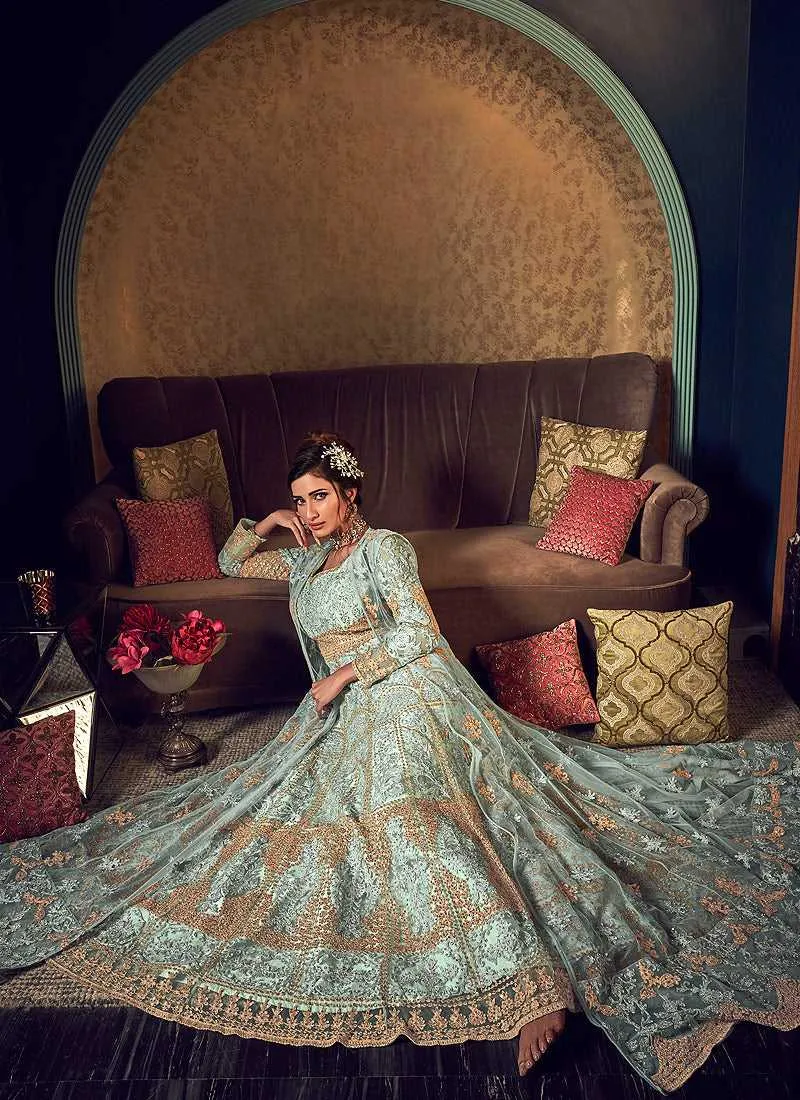 Mint Green Heavy Embroidered Jacket Style Anarkali Suit