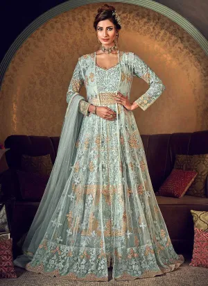 Mint Green Heavy Embroidered Jacket Style Anarkali Suit