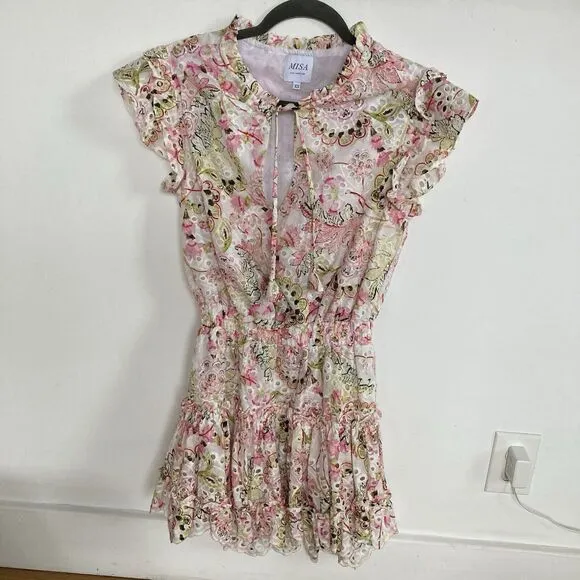 MISA LOS ANGELES Iliana Mini Tiered Floral Eyelet Ruffle Sleeve Dress Size XS