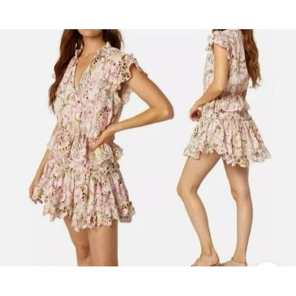 MISA LOS ANGELES Iliana Mini Tiered Floral Eyelet Ruffle Sleeve Dress Size XS