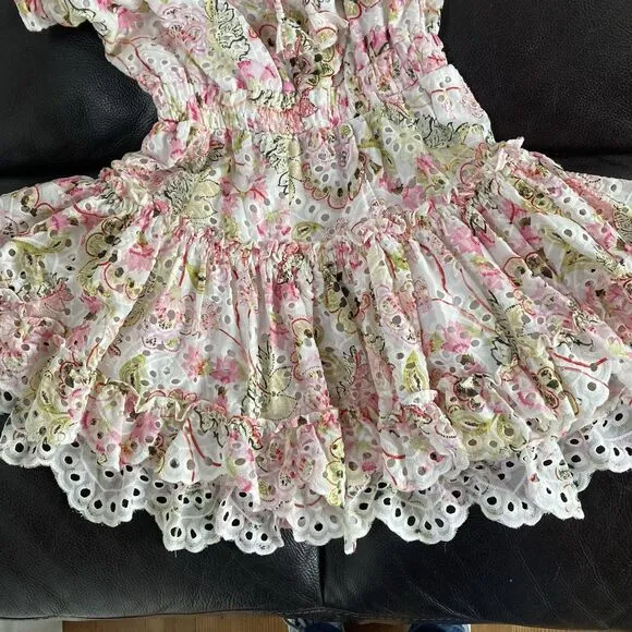 MISA LOS ANGELES Iliana Mini Tiered Floral Eyelet Ruffle Sleeve Dress Size XS