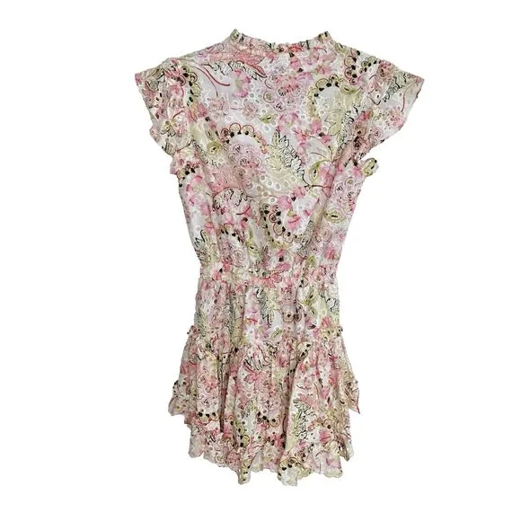 MISA LOS ANGELES Iliana Mini Tiered Floral Eyelet Ruffle Sleeve Dress Size XS