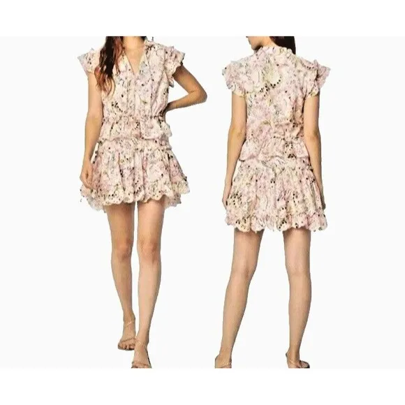 MISA LOS ANGELES Iliana Mini Tiered Floral Eyelet Ruffle Sleeve Dress Size XS