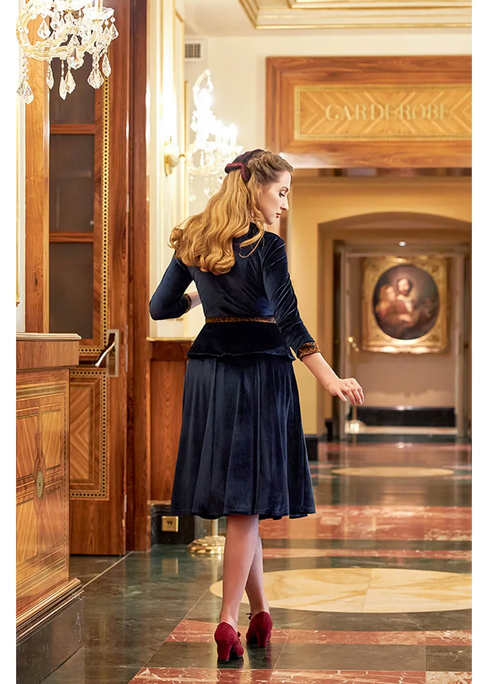 Miss Candyfloss Valencia Lee Velvet 40's Swing Dress Navy