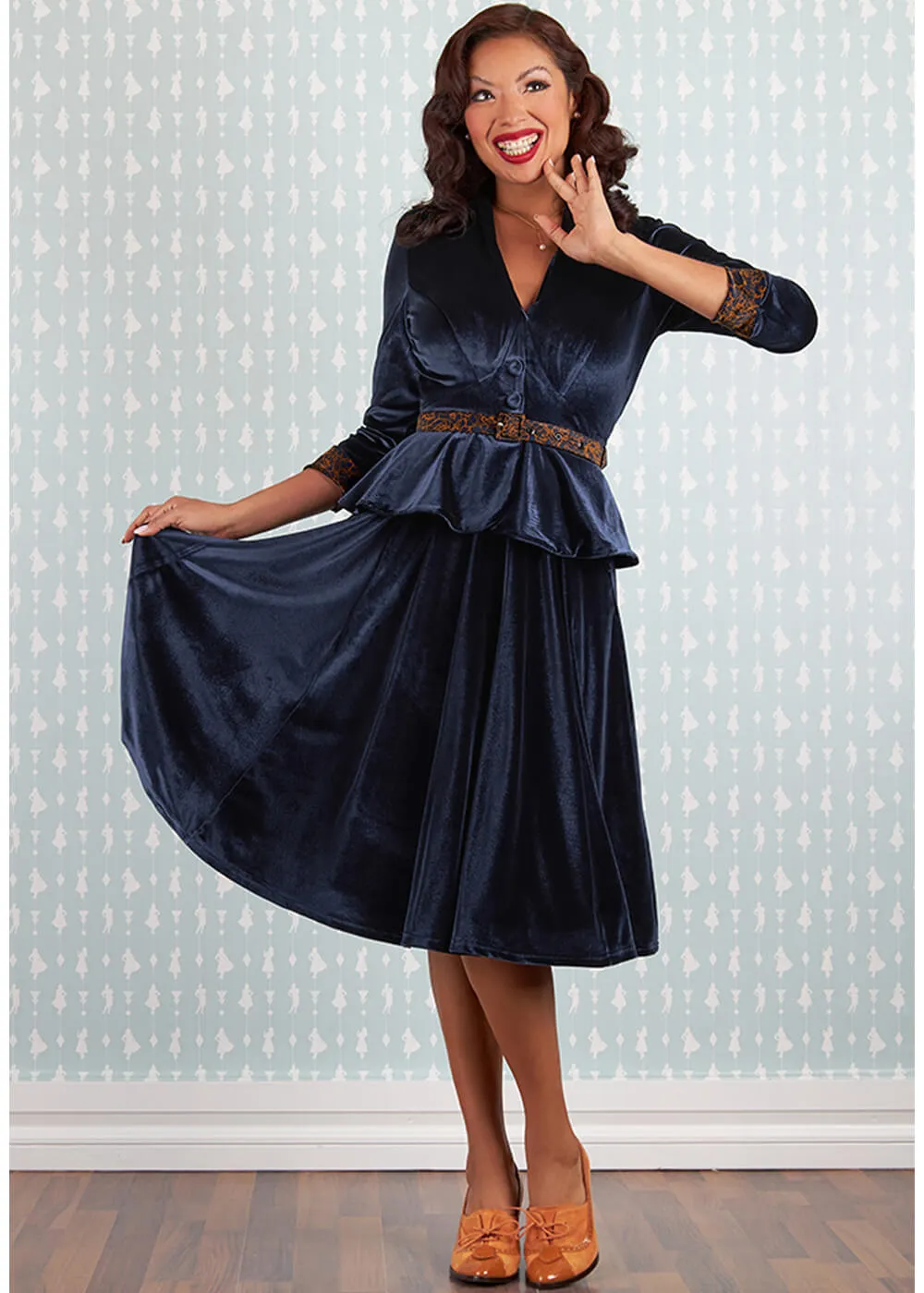 Miss Candyfloss Valencia Lee Velvet 40's Swing Dress Navy