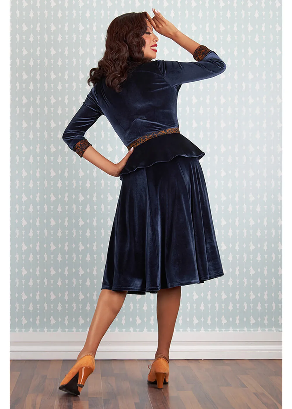 Miss Candyfloss Valencia Lee Velvet 40's Swing Dress Navy