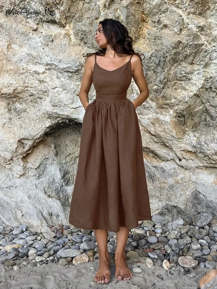 Mnealways18 Fashion Brown Linen Long Dress