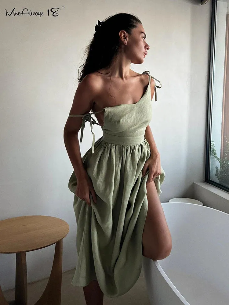 Mnealways18 Fashion Brown Linen Long Dress