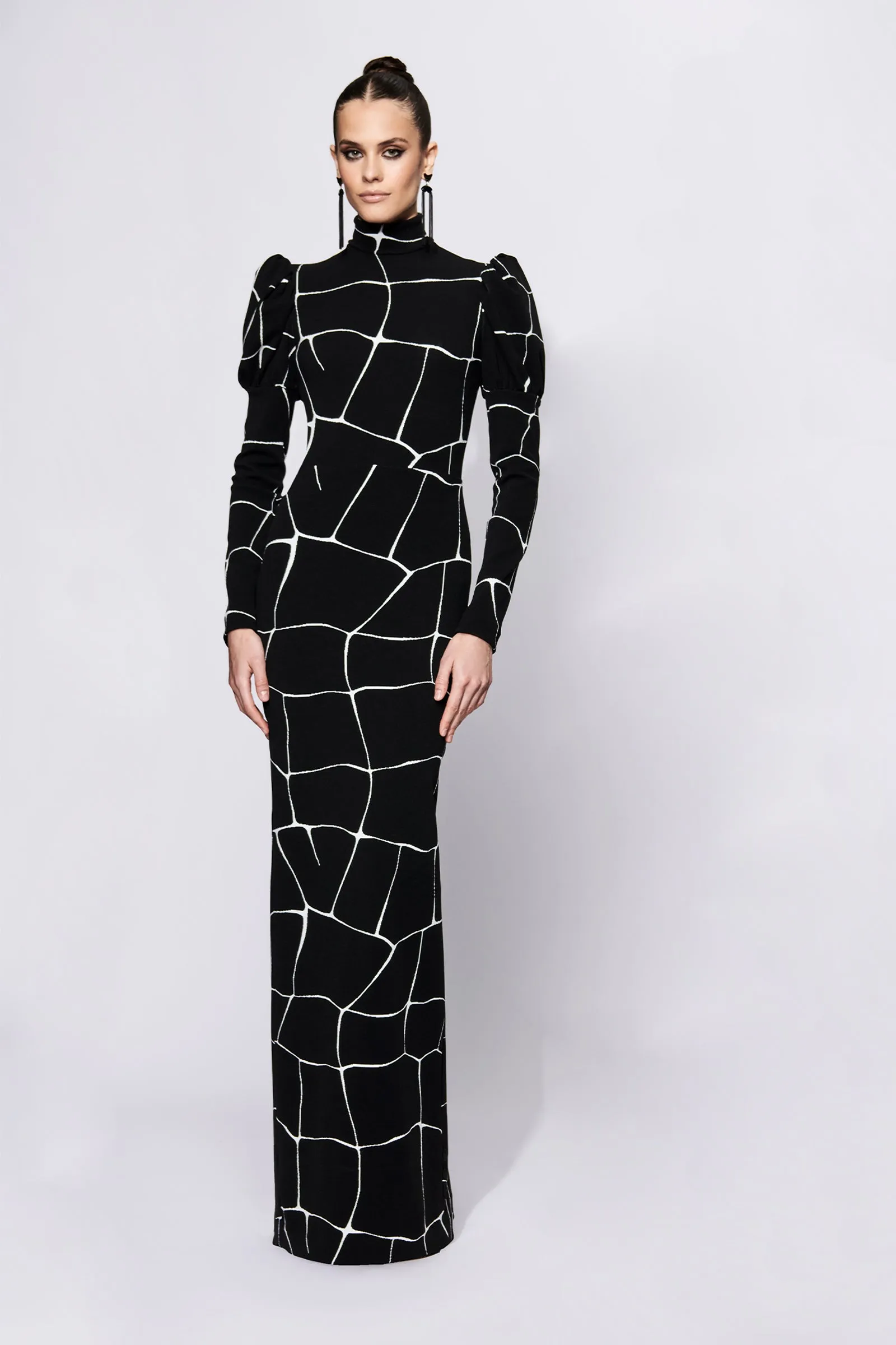 Mock Neck Puff Sleeve Column Gown