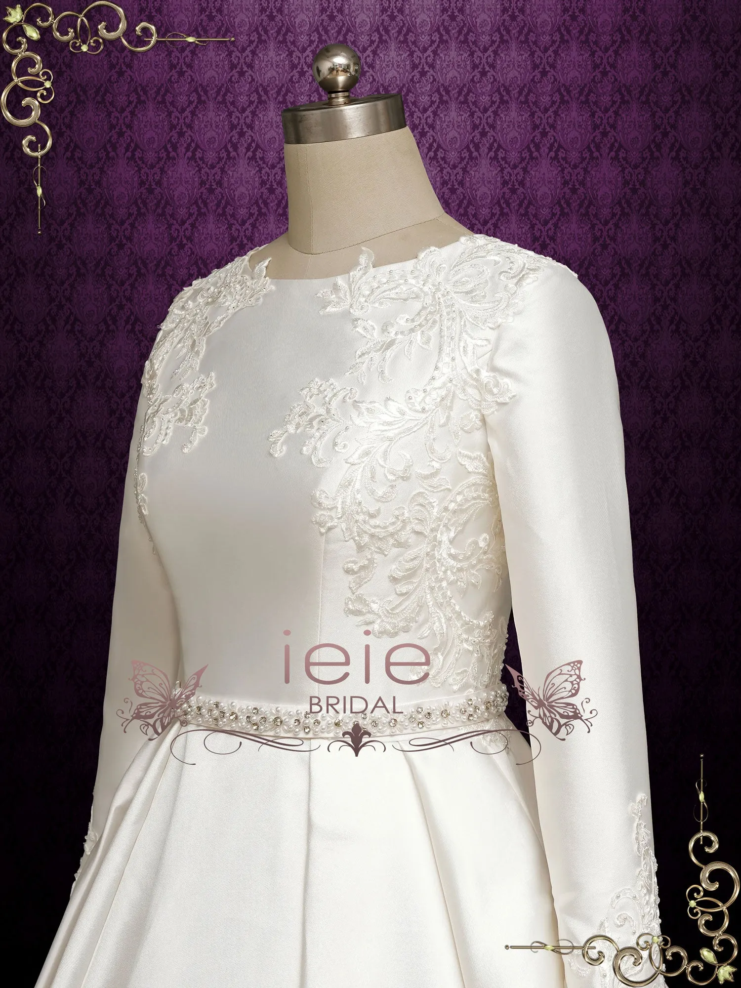 Modest Satin Lace Ball Gown Wedding Dress with Long Sleeves SAHAR