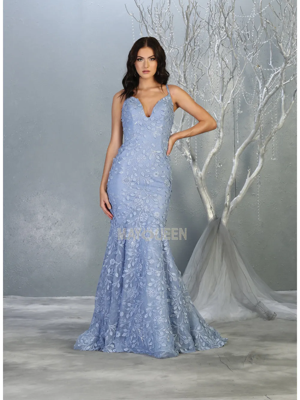 MQ 7811 - Fit & Flare Prom Gown with Shimmering Floral Applique & Corset Back