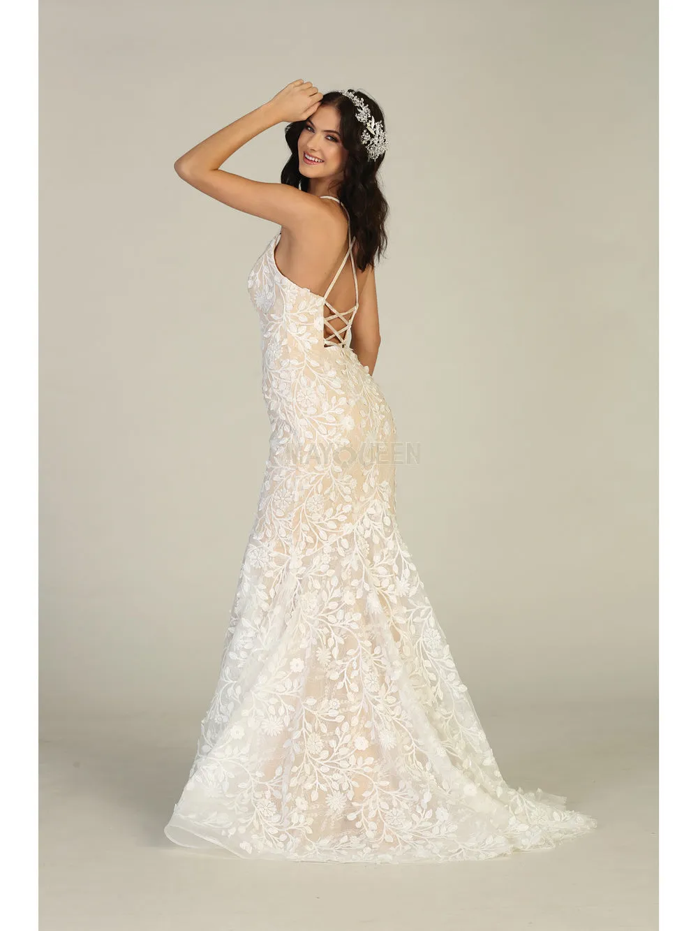 MQ 7811 - Fit & Flare Prom Gown with Shimmering Floral Applique & Corset Back