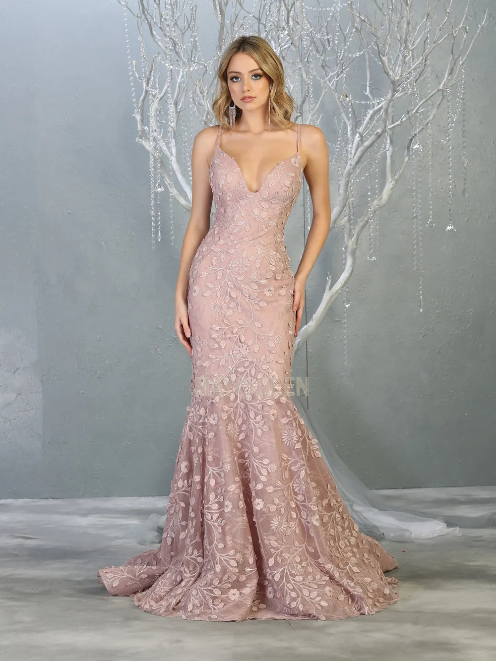 MQ 7811 - Fit & Flare Prom Gown with Shimmering Floral Applique & Corset Back