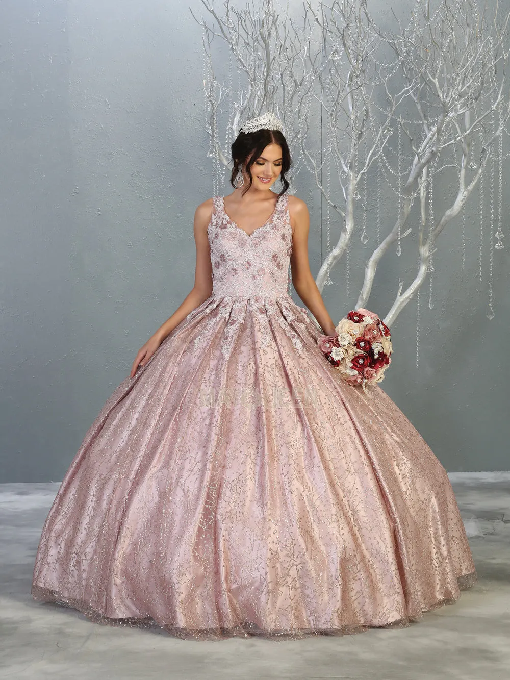 MQ LK149 - A Line Quinceanera Gown with Floral Applique Bodice & Glitter Print Skirt