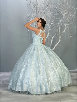 MQ LK149 - A Line Quinceanera Gown with Floral Applique Bodice & Glitter Print Skirt