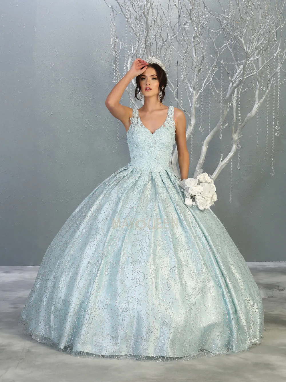 MQ LK149 - A Line Quinceanera Gown with Floral Applique Bodice & Glitter Print Skirt