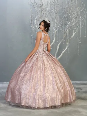 MQ LK149 - A Line Quinceanera Gown with Floral Applique Bodice & Glitter Print Skirt