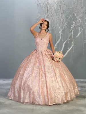 MQ LK149 - A Line Quinceanera Gown with Floral Applique Bodice & Glitter Print Skirt