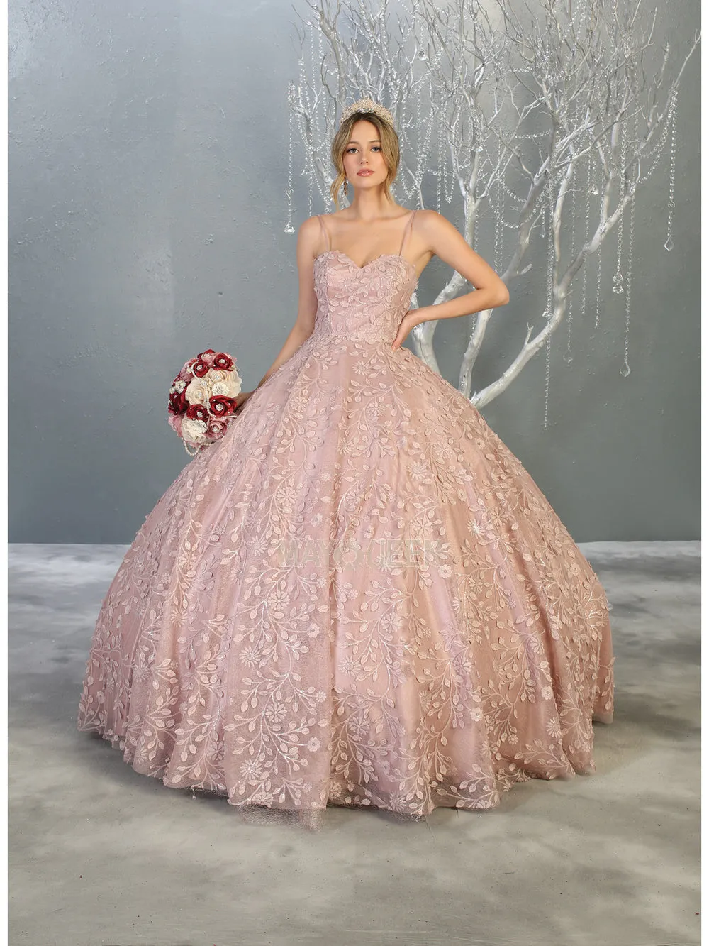 MQ LK150 - A Line Quinceanera Gown with Floral Sequin Applique & Sweetheart Neckline