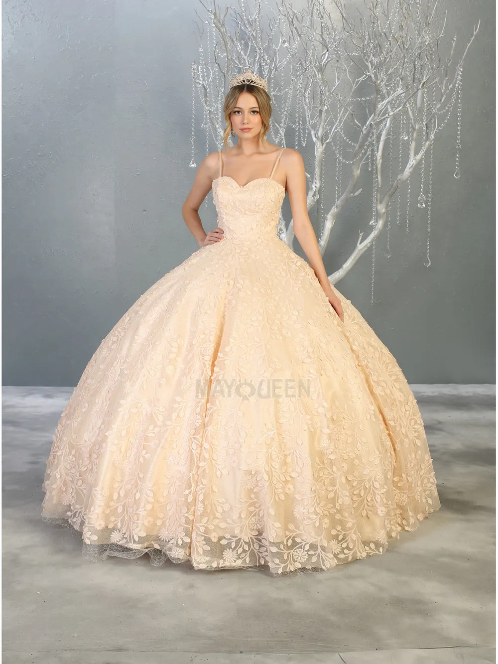 MQ LK150 - A Line Quinceanera Gown with Floral Sequin Applique & Sweetheart Neckline