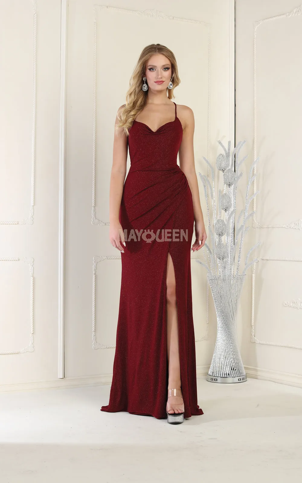 MQ MQ1987 - Fit & Flare Iridescent Cowl Neck Prom Gown with Leg Slit