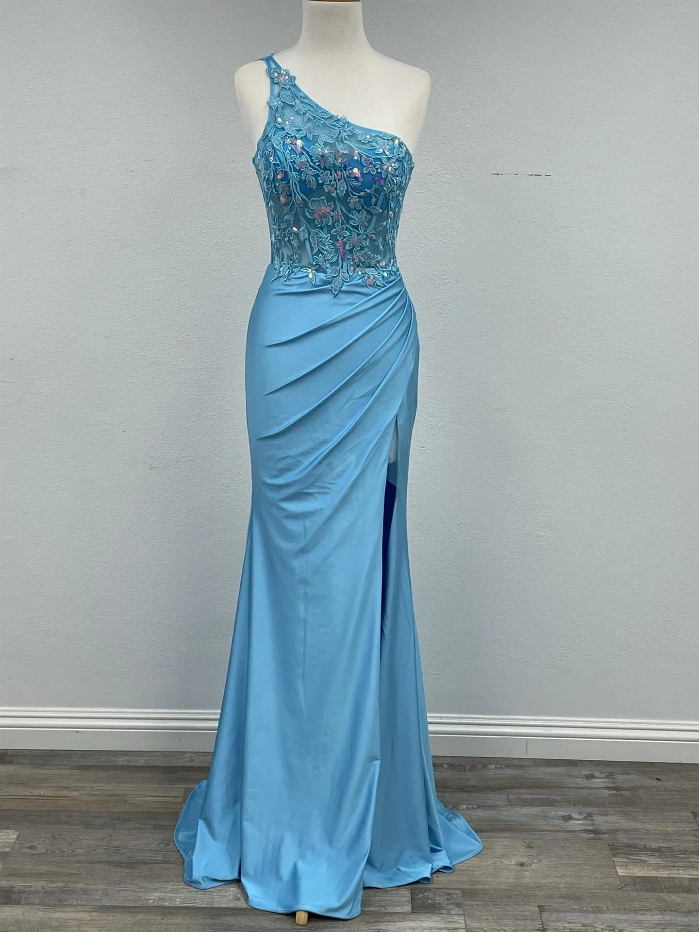 N A1317 - One Shoulder Stretch Satin Fit & Flare Prom Gown With Sheer 3D Floral Sequin Embellished Boned Bodice & Leg Slit