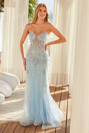 N A1713 - In-Line Beaded Fit & Flare Prom Gown with Sheer Cut Out Detailed Bodice