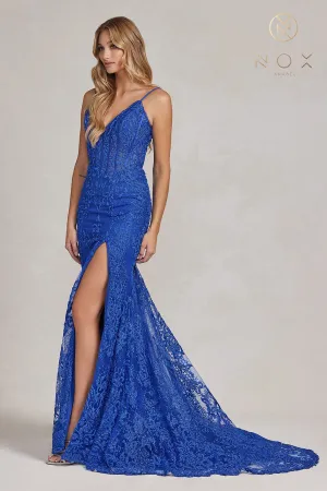 N C1100 - Glitter Print Lace Fit & Flare Prom Gown with Sheer Boned Bodice & Leg Slit