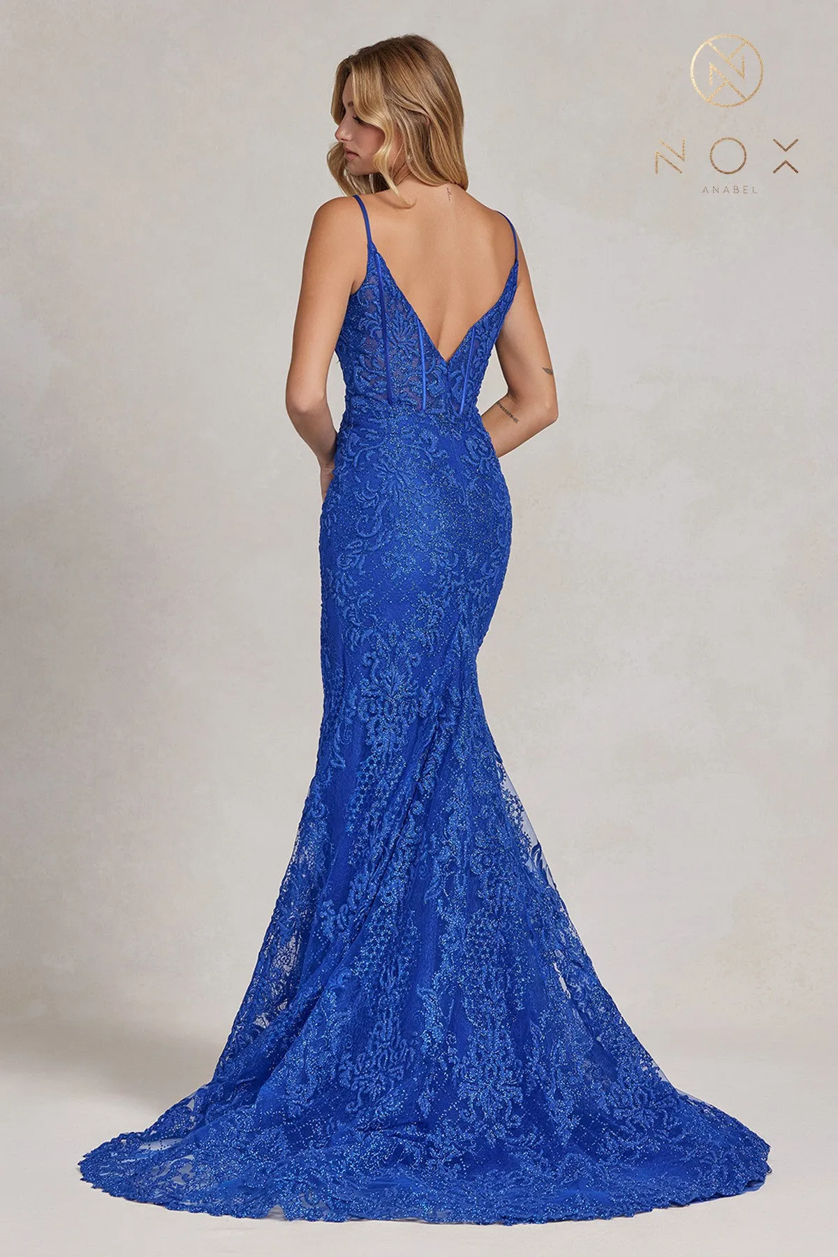 N C1100 - Glitter Print Lace Fit & Flare Prom Gown with Sheer Boned Bodice & Leg Slit