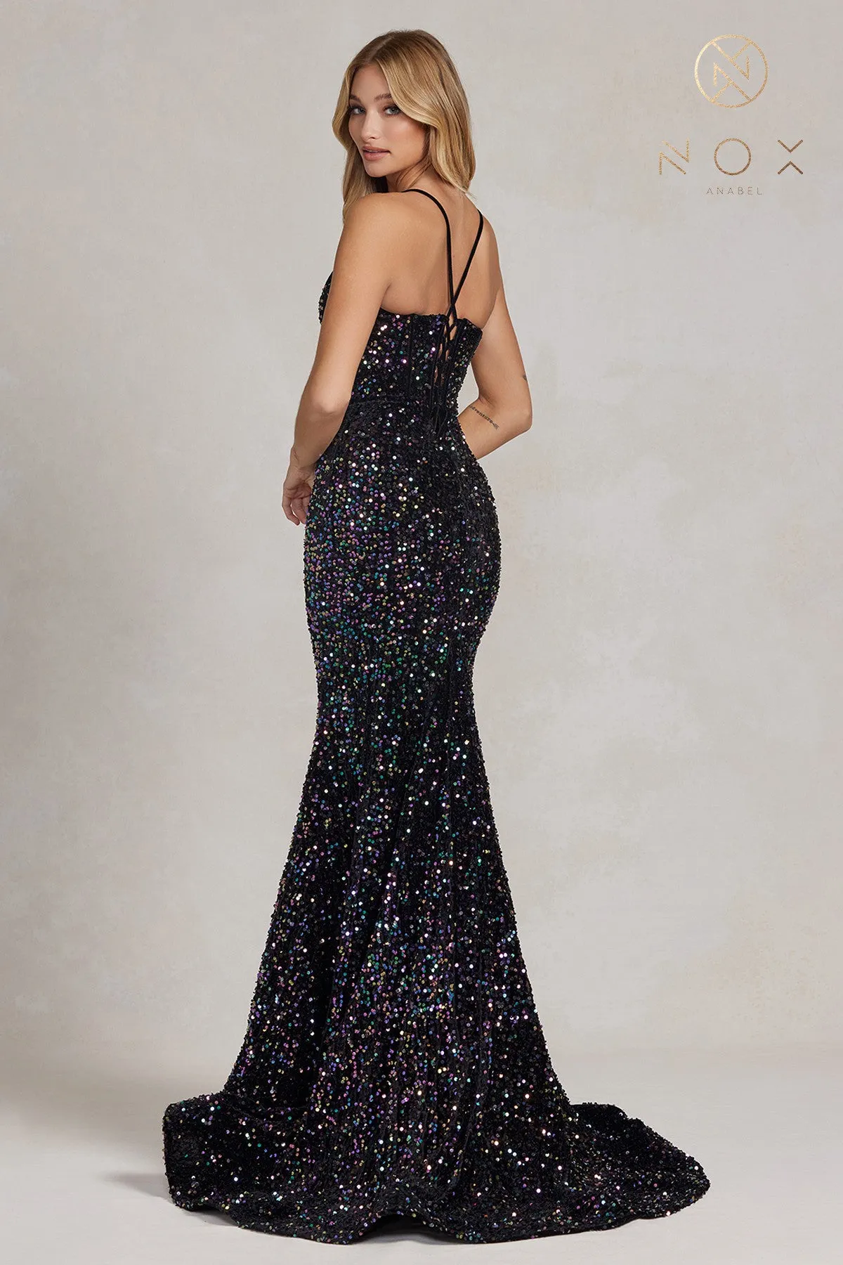 N C1109 - Full Sequin Fit & Flare Prom Gown with Corset Back