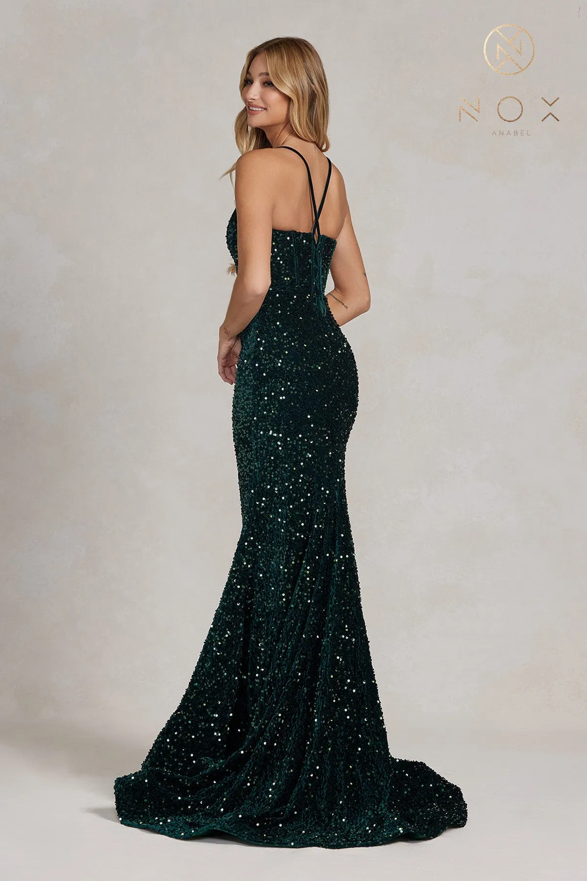 N C1109 - Full Sequin Fit & Flare Prom Gown with Corset Back