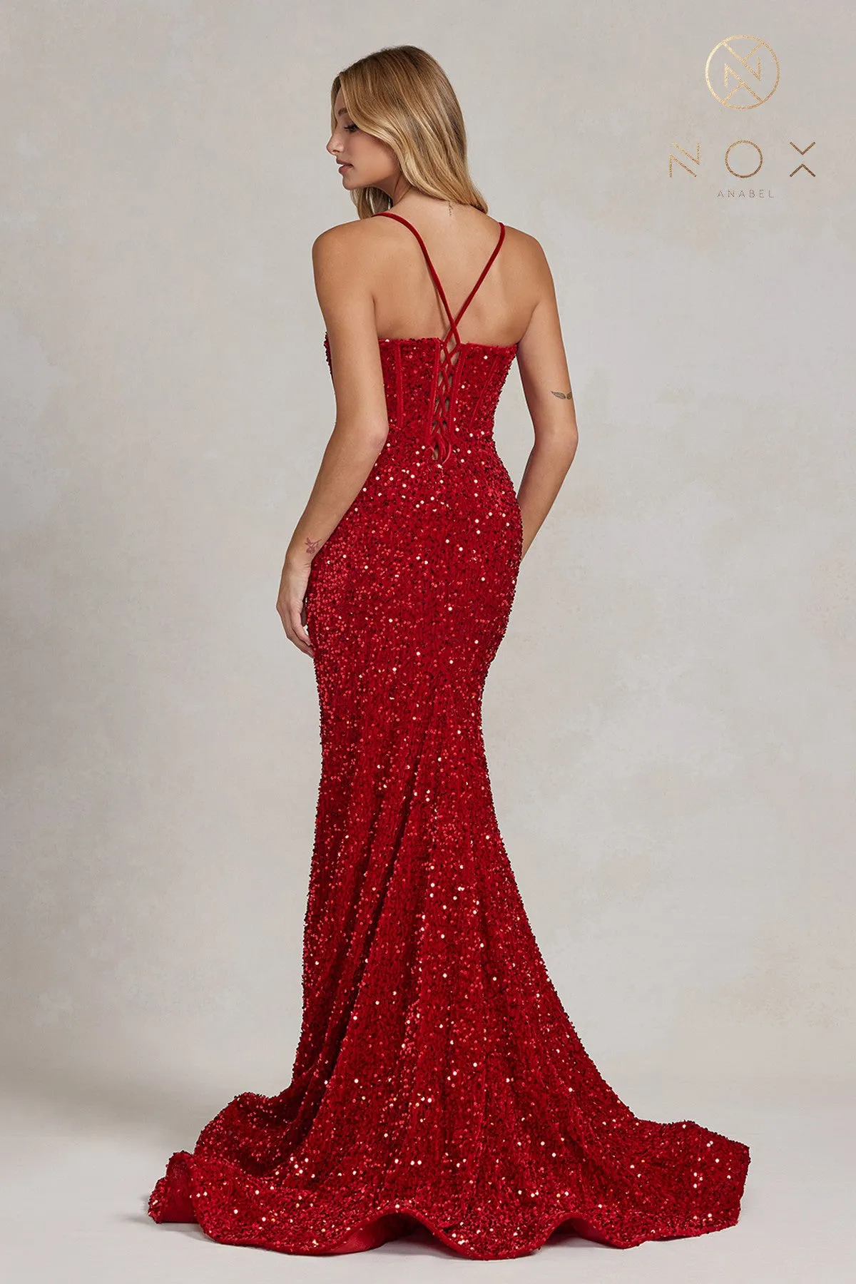 N C1109 - Full Sequin Fit & Flare Prom Gown with Corset Back