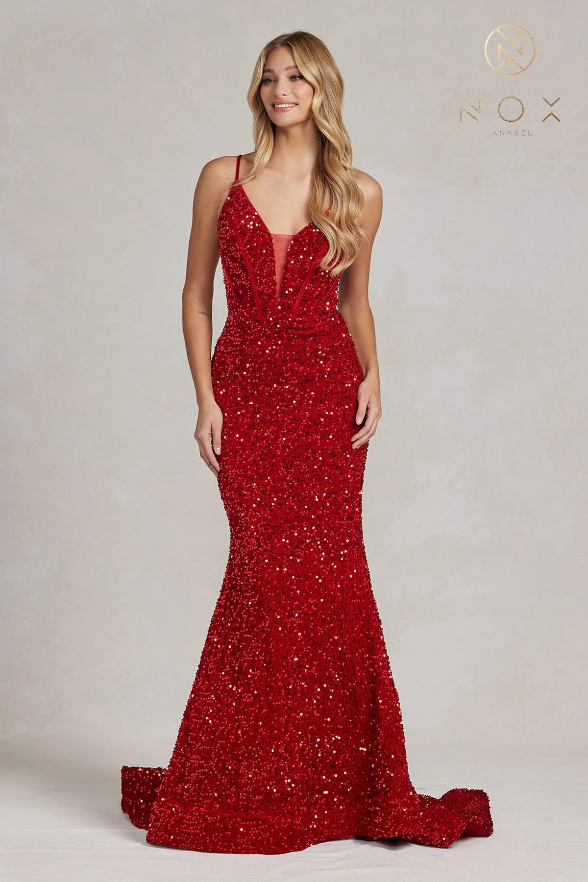 N C1109 - Full Sequin Fit & Flare Prom Gown with Corset Back