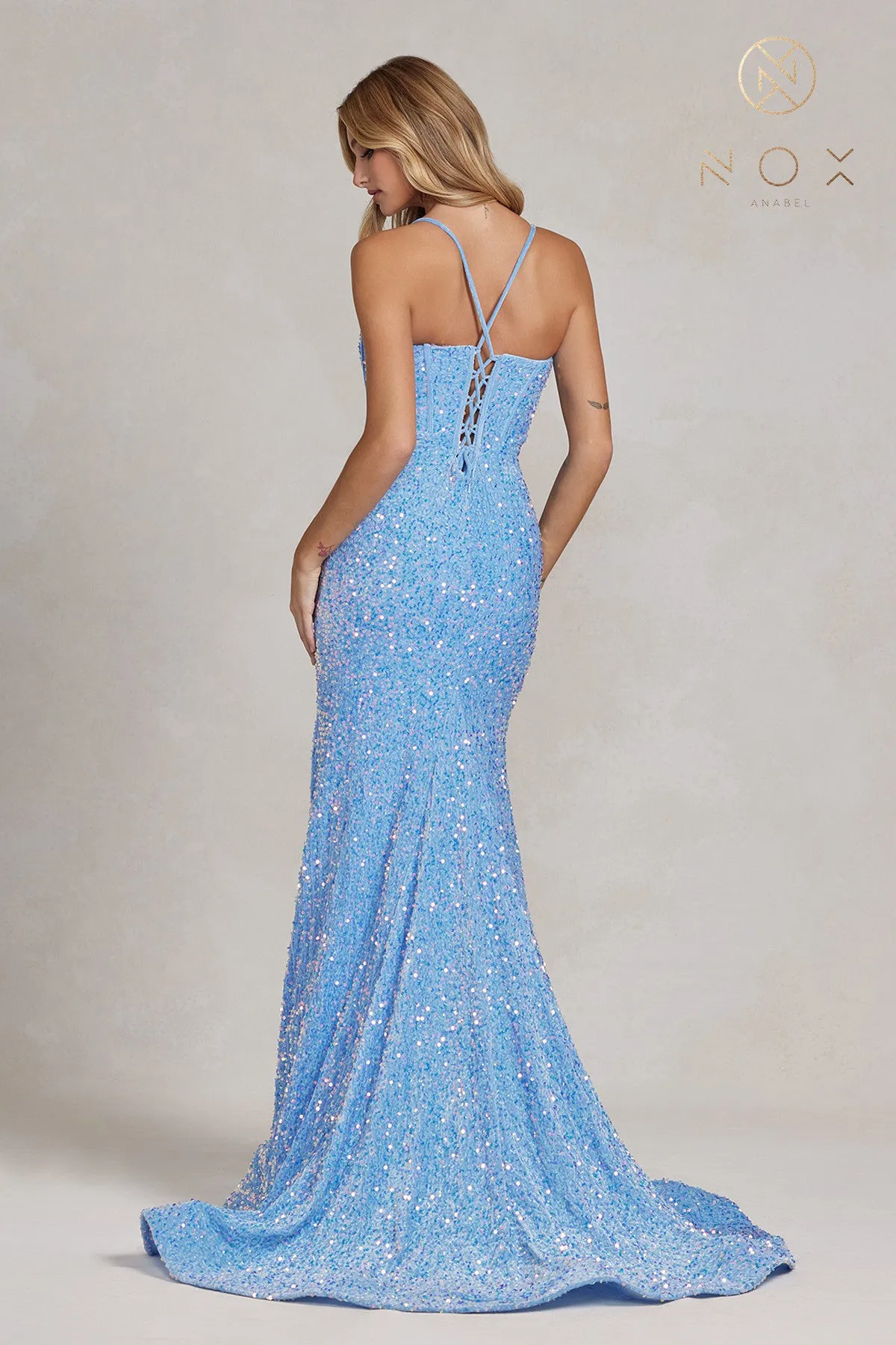 N C1109 - Full Sequin Fit & Flare Prom Gown with Corset Back