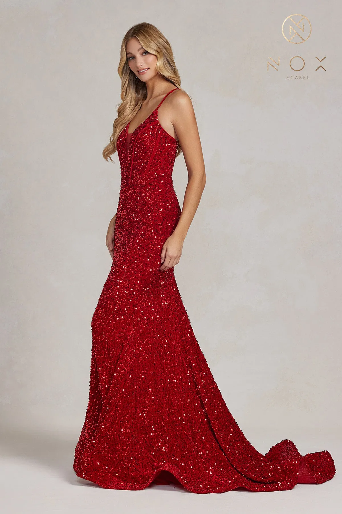 N C1109 - Full Sequin Fit & Flare Prom Gown with Corset Back